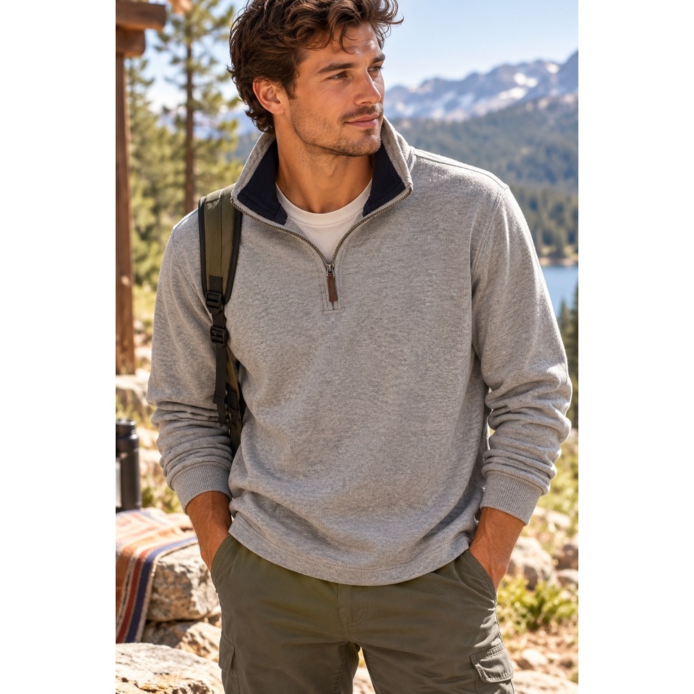 Lands End Mens Large Heather Gray 100% Cotton Quarter Zip Pullover Sweater